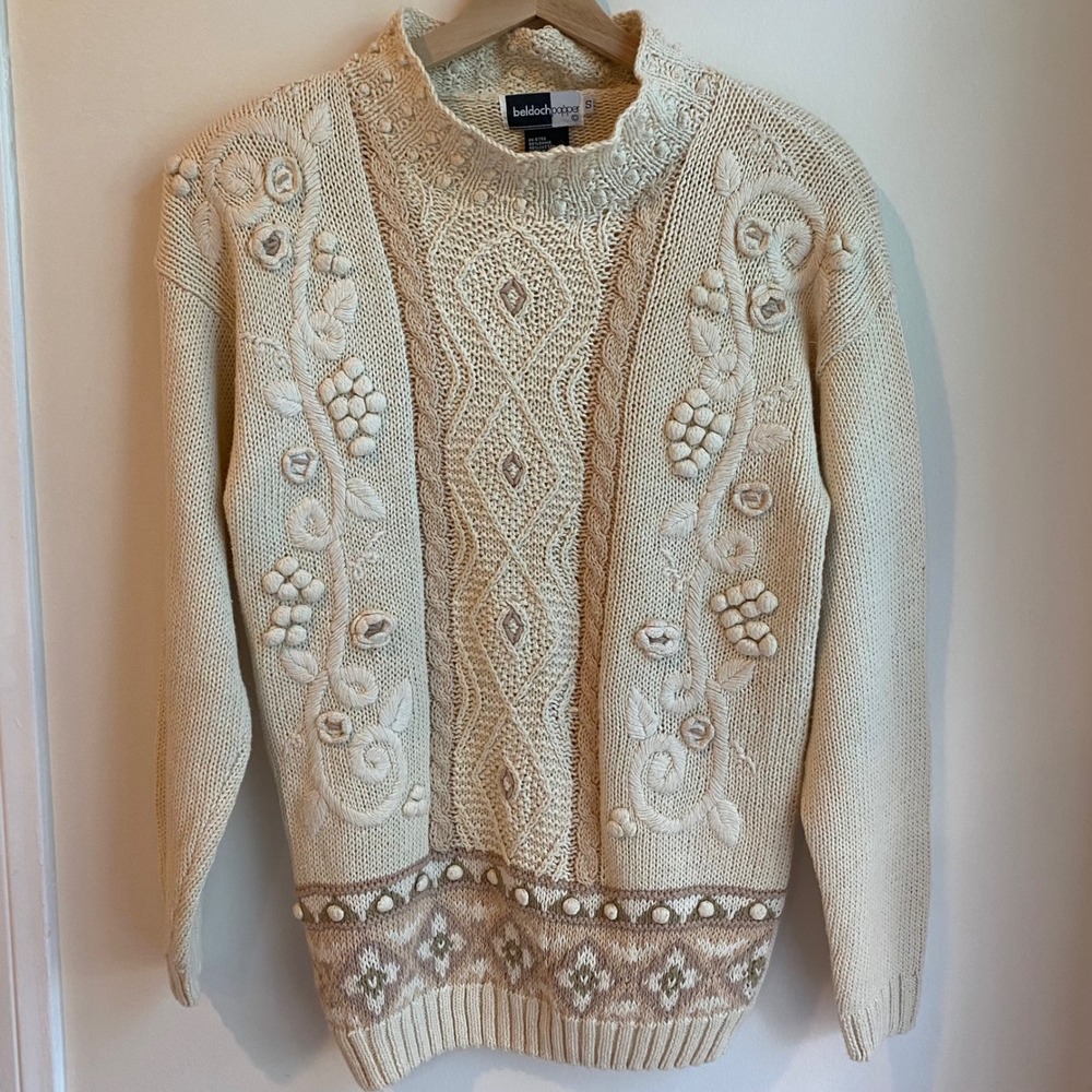 VTG Beldoch Popper Sweater S Cream Floral Embroidered Cable Knit Cottagecore